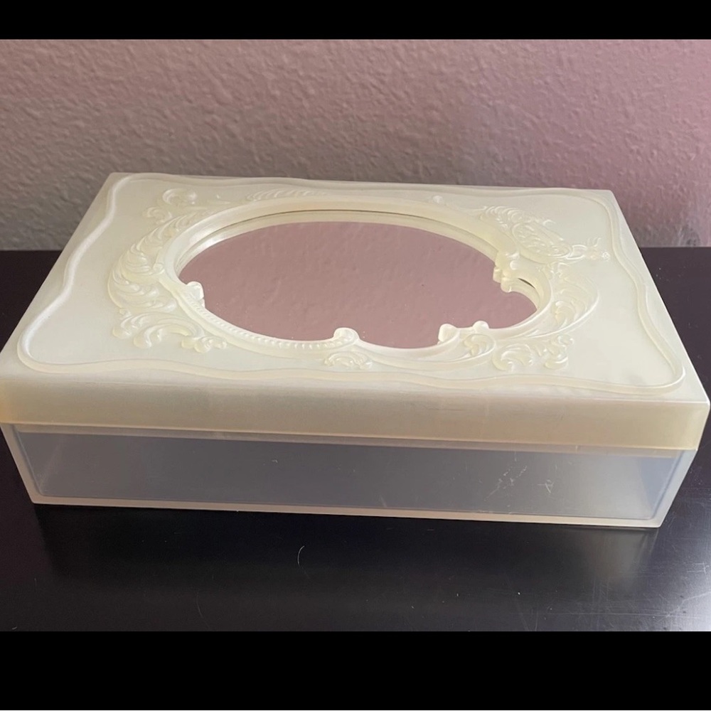 Lucite Dresser BOX Embossed Frame Standing Mirror Jewelry Holder Vintage 1930s